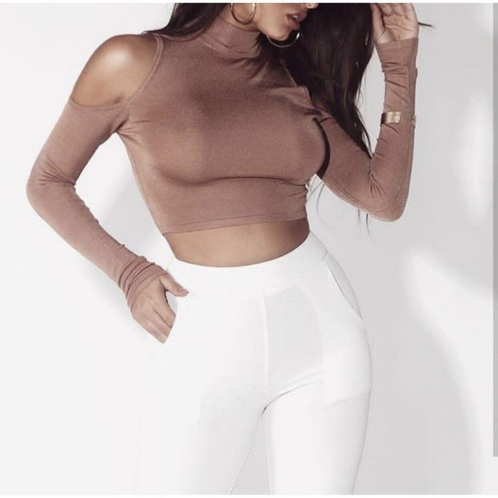 jluxlabel womens solid beige brown long sleeve crop cold shoulder top small